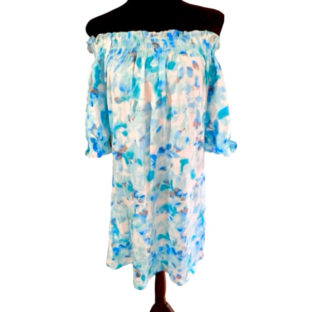 Manhattan Blues Off Shoulder Light Blue Floral Mumu Style Mini Dress, EUC, Med